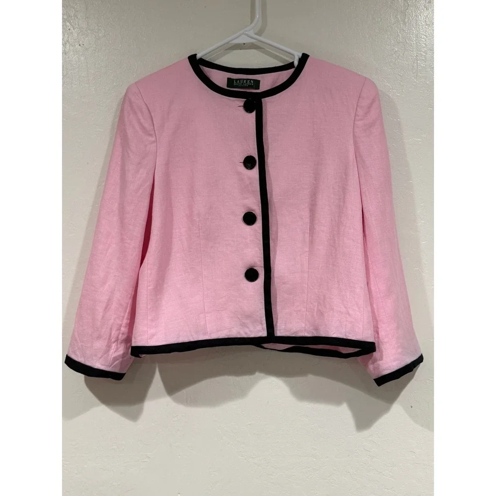 Lauren Ralph Lauren Petite Pink Linen Blazer Black Trim Button Front Jacket 8P